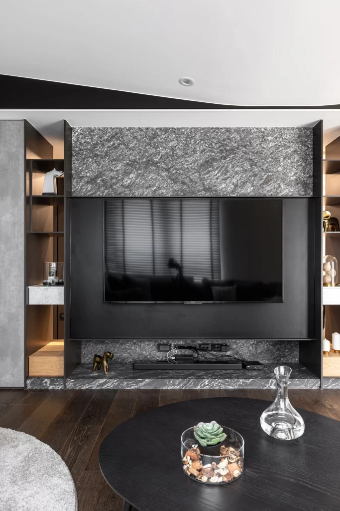 Living Room Contemporary Black Gray Neutral Stone Texture