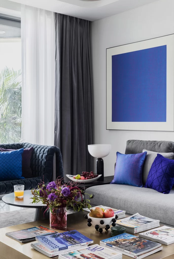 Living Room Contemporary Blue Gray Neutral Colorful Accents