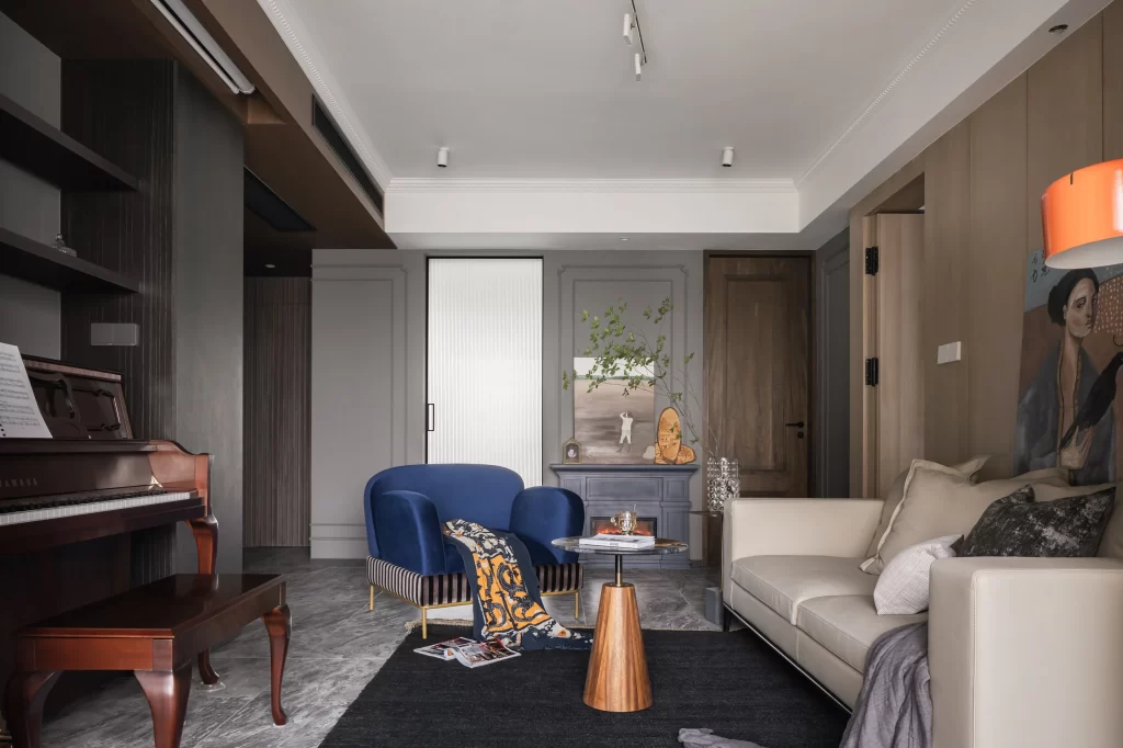 Living Room Contemporary Dark Wood Blue Beige Neutral