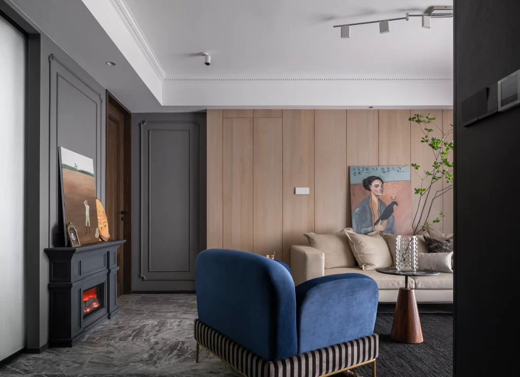 Living Room Contemporary Neutral Beige Blue Wood Accents