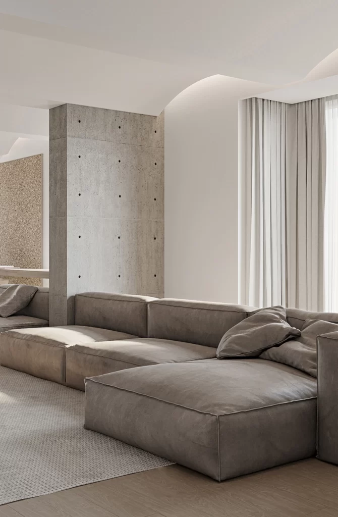 Living Room Contemporary Neutral Beige Concrete Textures Soft Lighting