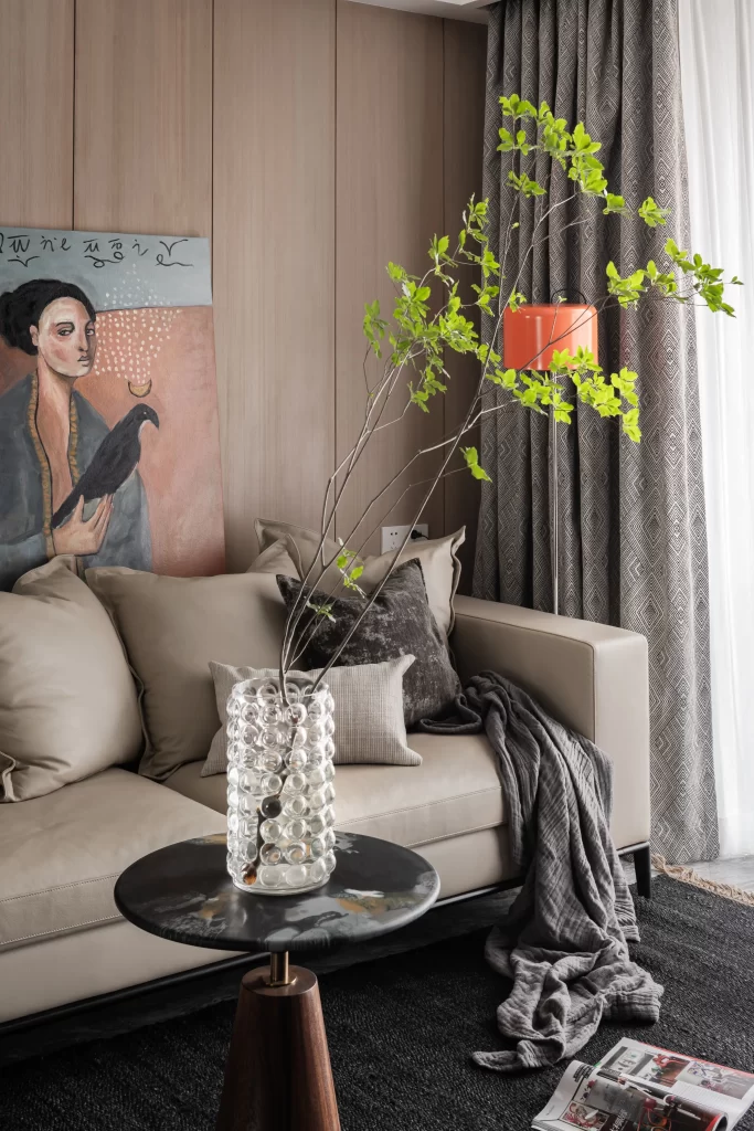 Living Room Contemporary Neutral Beige Grey Greenery Artistic