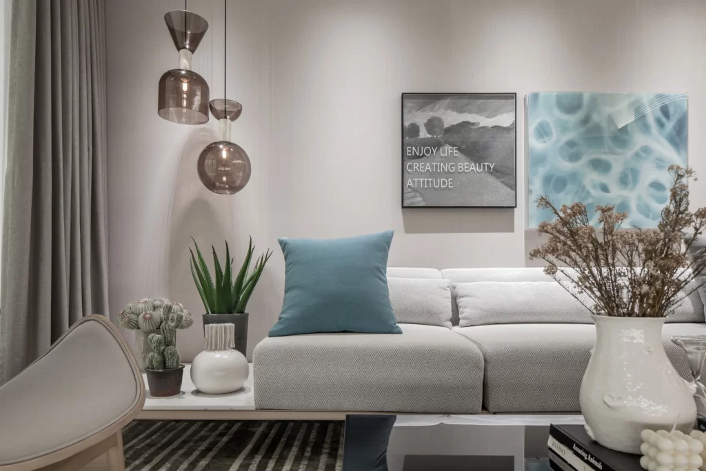 Living Room Contemporary Neutral Blue Gray Textured Artistic