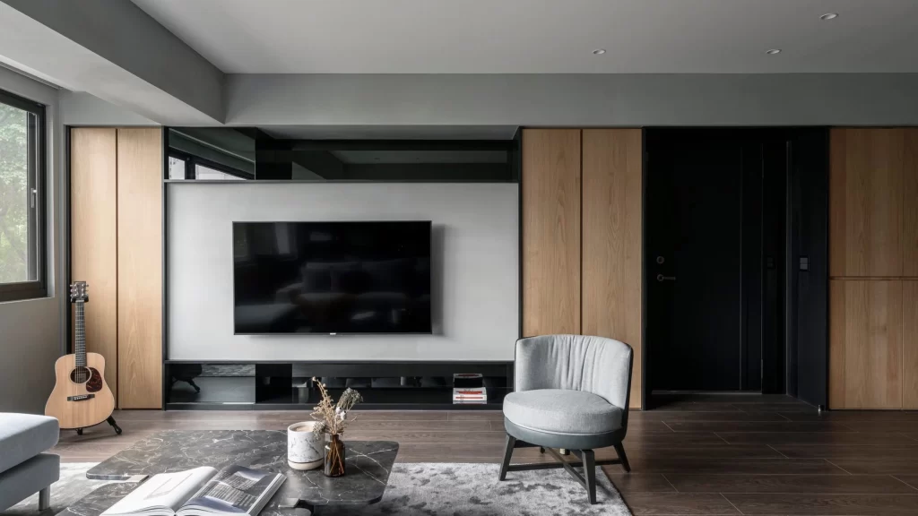 Living Room Contemporary Neutral Dark Wood Black Accents
