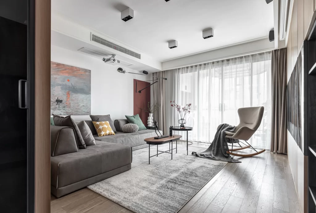 Living Room Contemporary Neutral Gray Beige Wood Accents