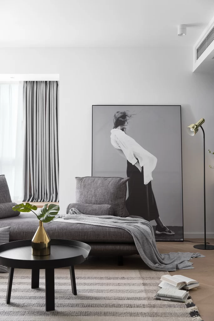 Living Room Contemporary Neutral Gray Black White Minimalist