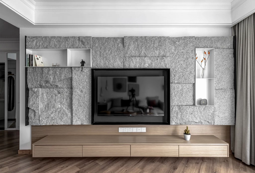 Living Room Contemporary Neutral Gray Stone Wood