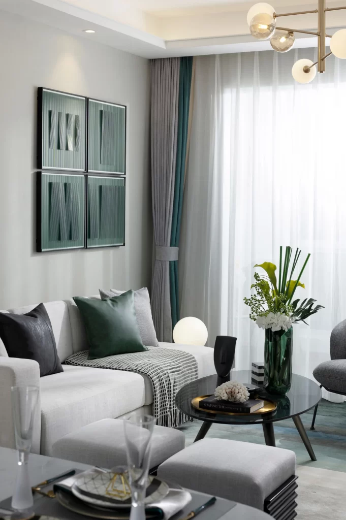 Living Room Contemporary Neutral Green Grey White