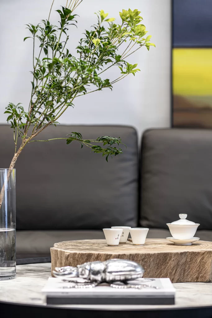 Living Room Contemporary Neutral Greenery Wood Texture