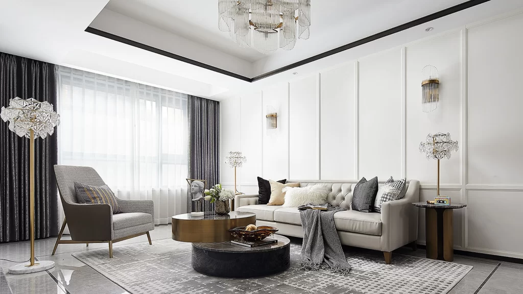 Living Room Contemporary Neutral White Gold Accents