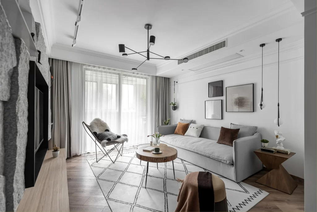 Living Room Contemporary Neutral White Grey Wood Accents