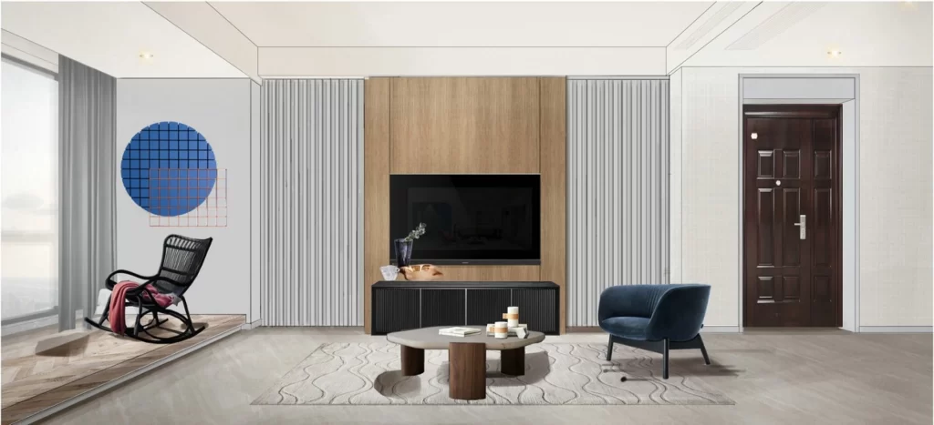 Living Room Contemporary Neutral Wood Blue Black