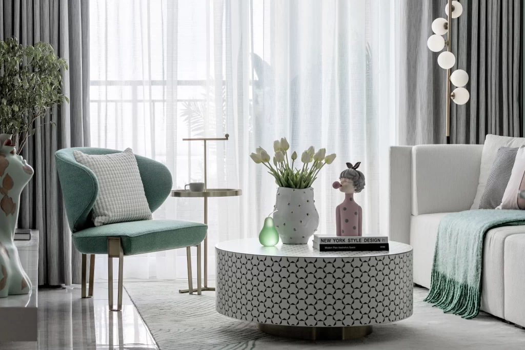 Living Room Contemporary Pastel Green White Minimalist