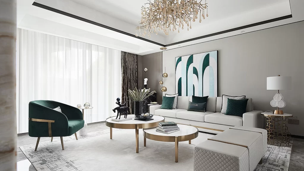 Living Room Contemporary White Gold Green Neutral