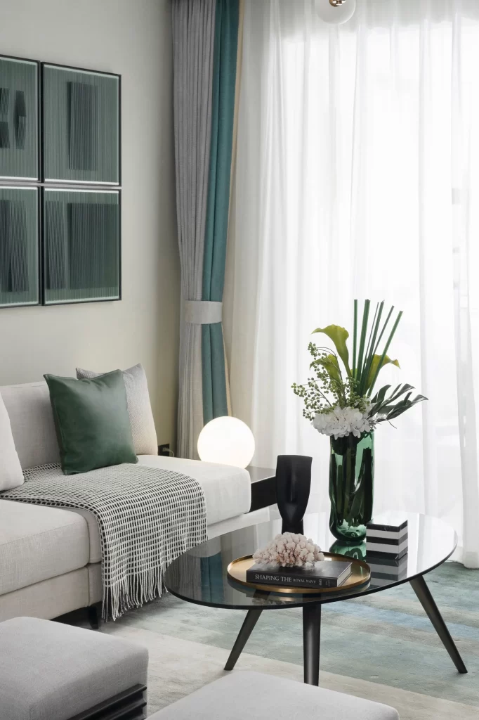 Living Room Contemporary White Green Neutral Glass Table