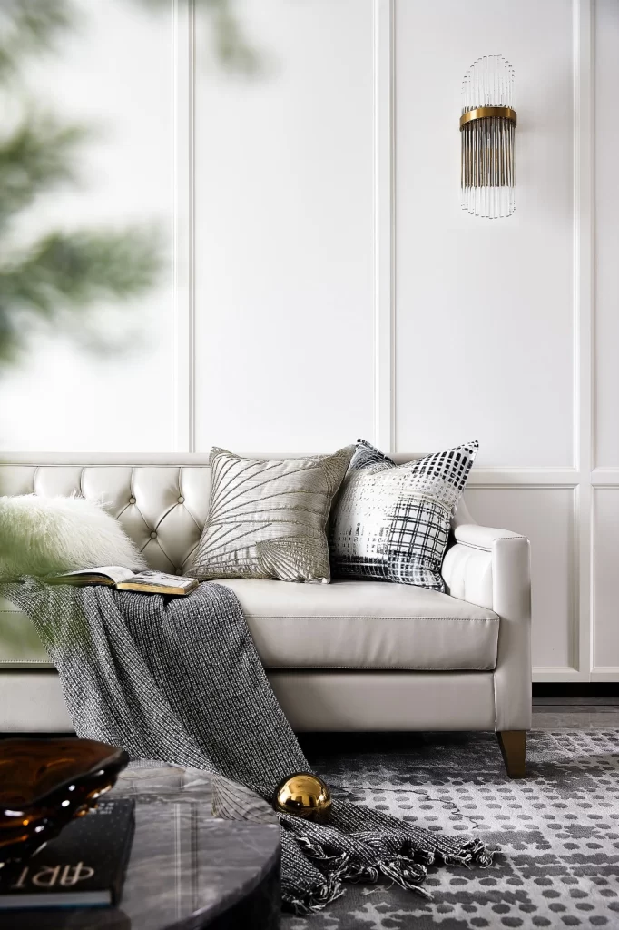 Living Room Contemporary White Neutral Gold Accents Patterned Rug