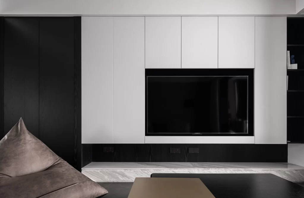 Living Room Modern Minimalist Black White Neutral Flat Screen TV