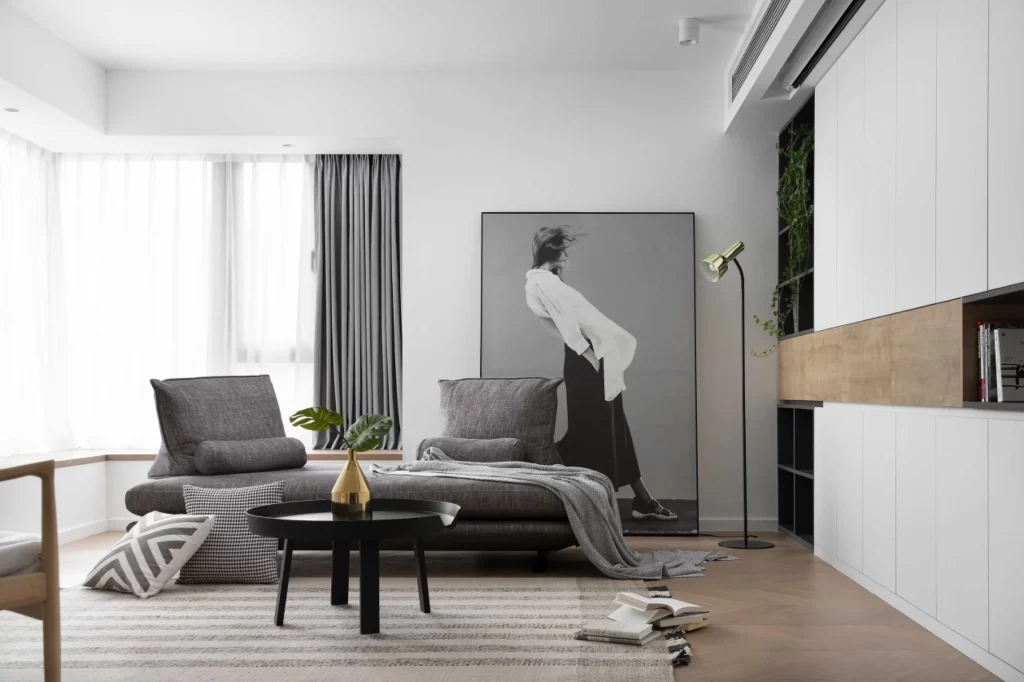 Living Room Modern Minimalist Neutral Grey White Wood