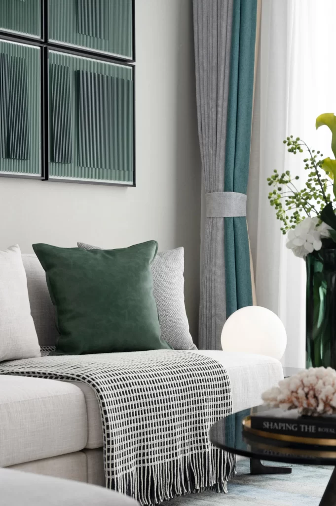 Living Room Modern Neutral Green Accents Textured Pillows