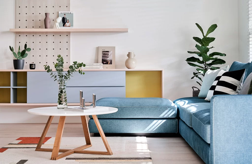 Living Room Scandinavian Blue Neutral Greenery Wood