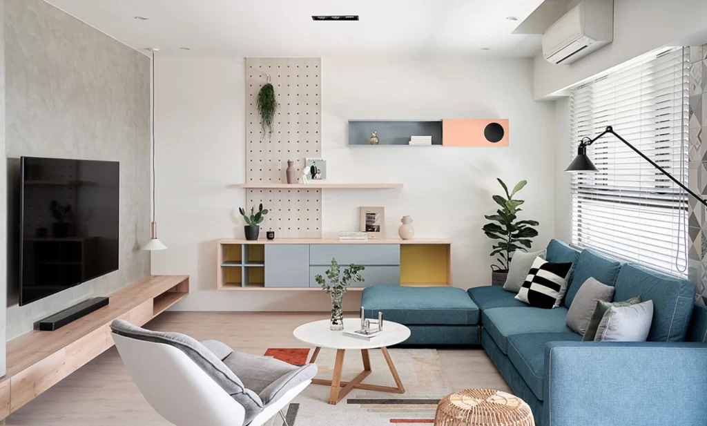Living Room Scandinavian Blue Neutral Wood Greenery