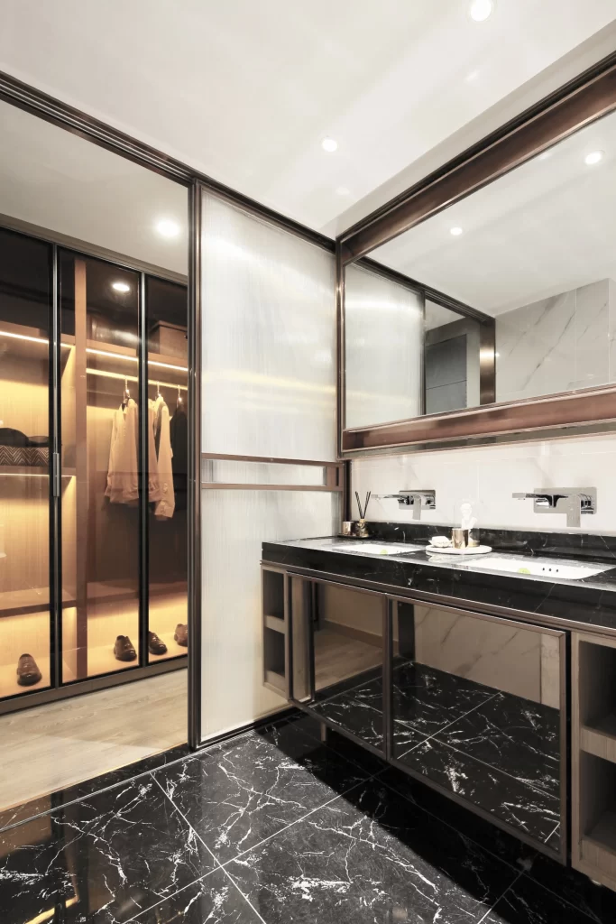 Luxury Bathroom Black Marble Neutral Tones Glass Doors