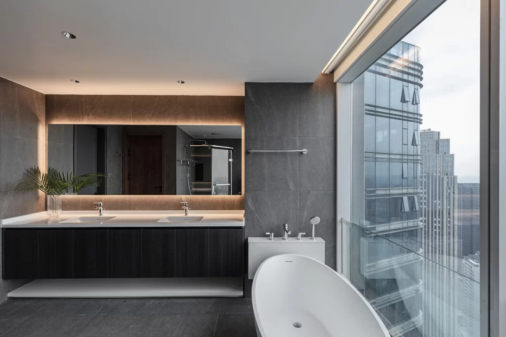 Luxury Bathroom Contemporary Dark Tones Large Windows Freestanding Bathtub