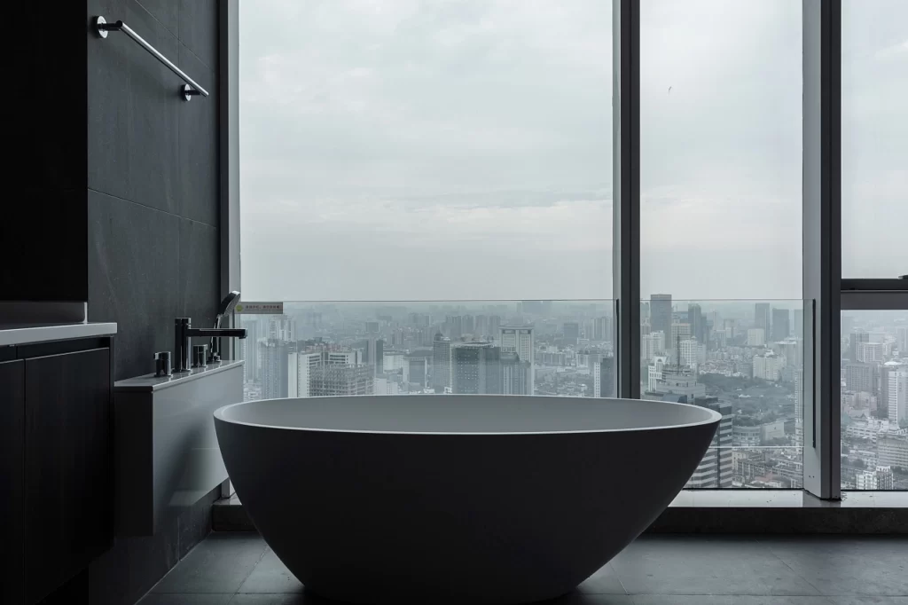 Luxury Bathroom Contemporary Monochrome Large Windows City View