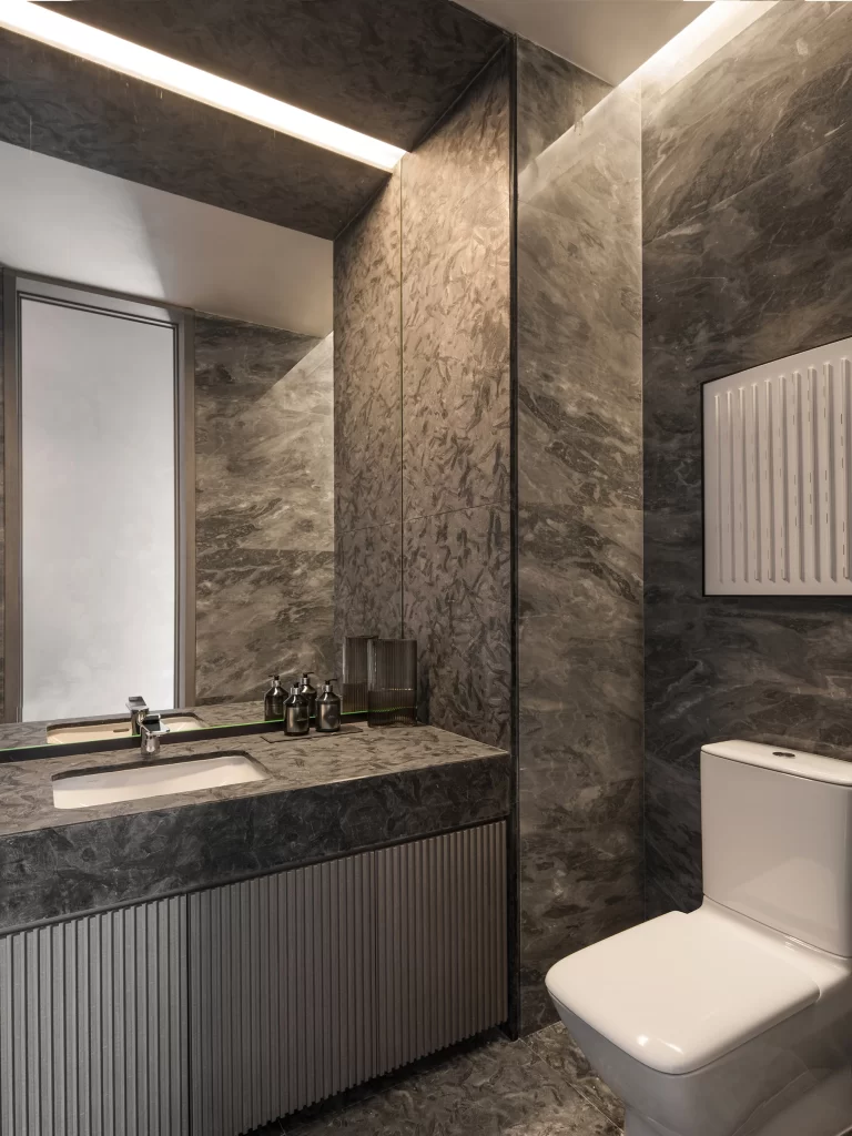 Luxury Bathroom Dark Marble Neutral Tones Sleek Fixtures