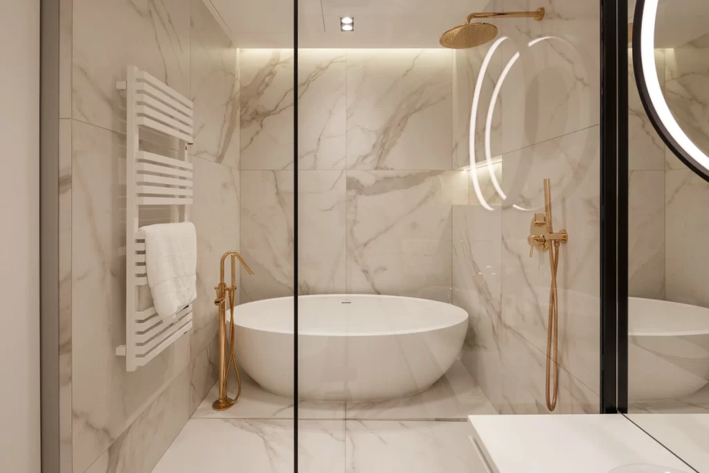 Luxury Bathroom Marble Gold Accents White Neutral