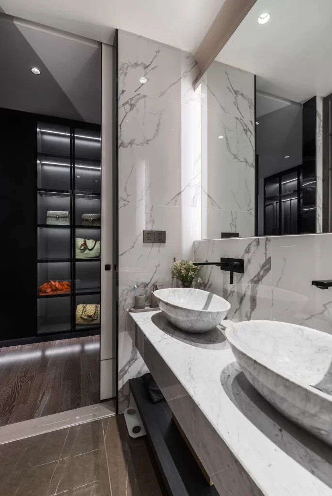 Luxury Bathroom Marble Monochrome Black Fixtures Glass Shelving