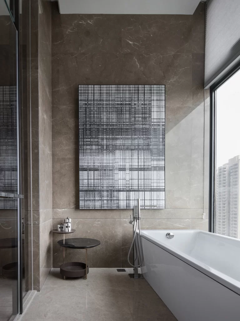 Luxury Bathroom Neutral Tones Marble Walls Large Window Artistic Decor