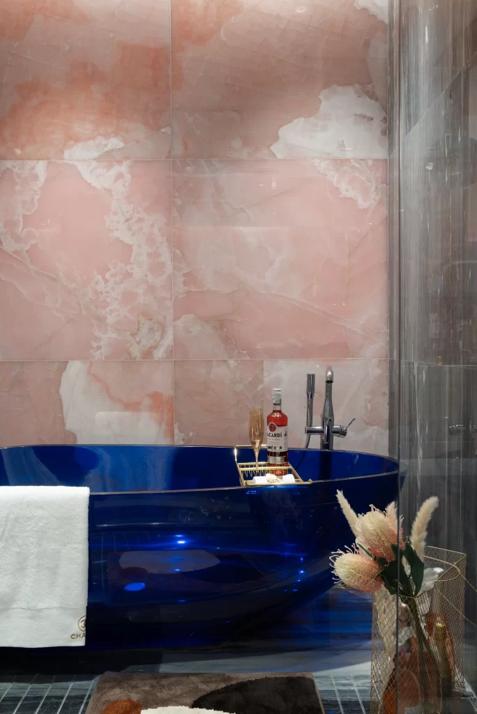 Luxury Bathroom Pink Marble Blue Bathtub Gold Accents