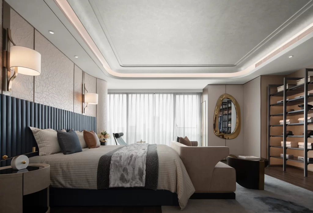 Luxury Bedroom Neutral Tones Dark Wood Modern Elegance