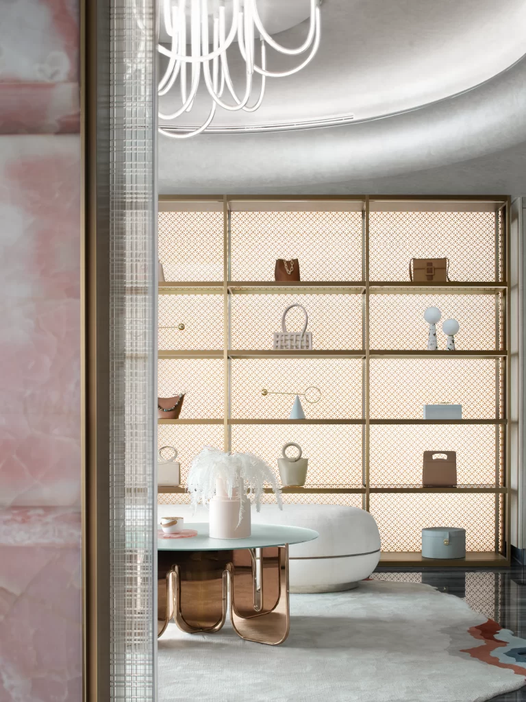 Luxury Boutique Display Gold Accents Soft Lighting Neutral Tones