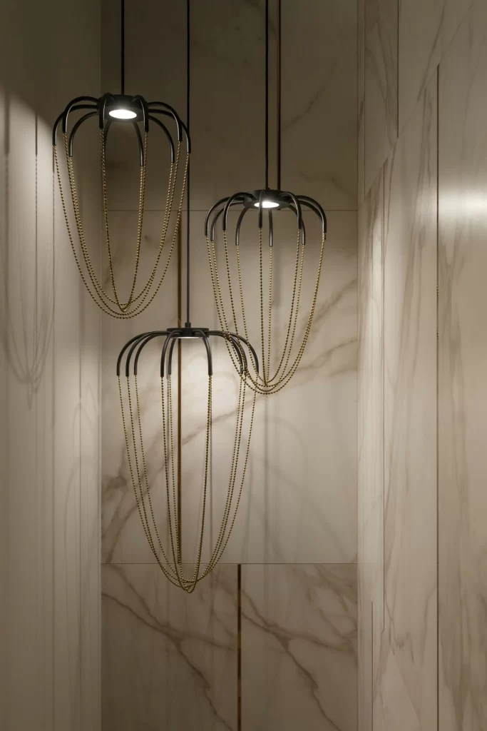 Luxury Contemporary Bathroom White Marble Gold Accents Modern Lighting