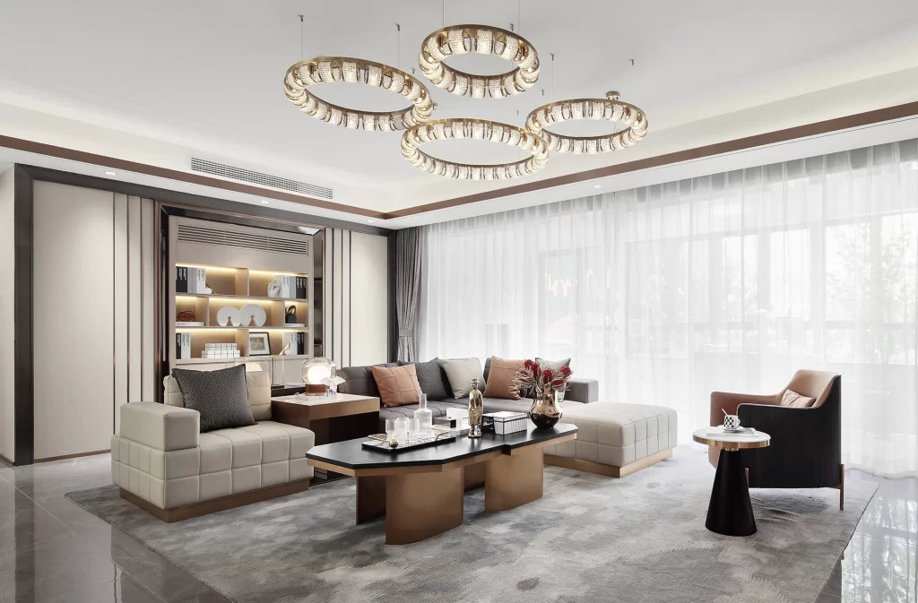 Luxury Contemporary Living Room Neutral Tones Gold Accents Modern Lighting