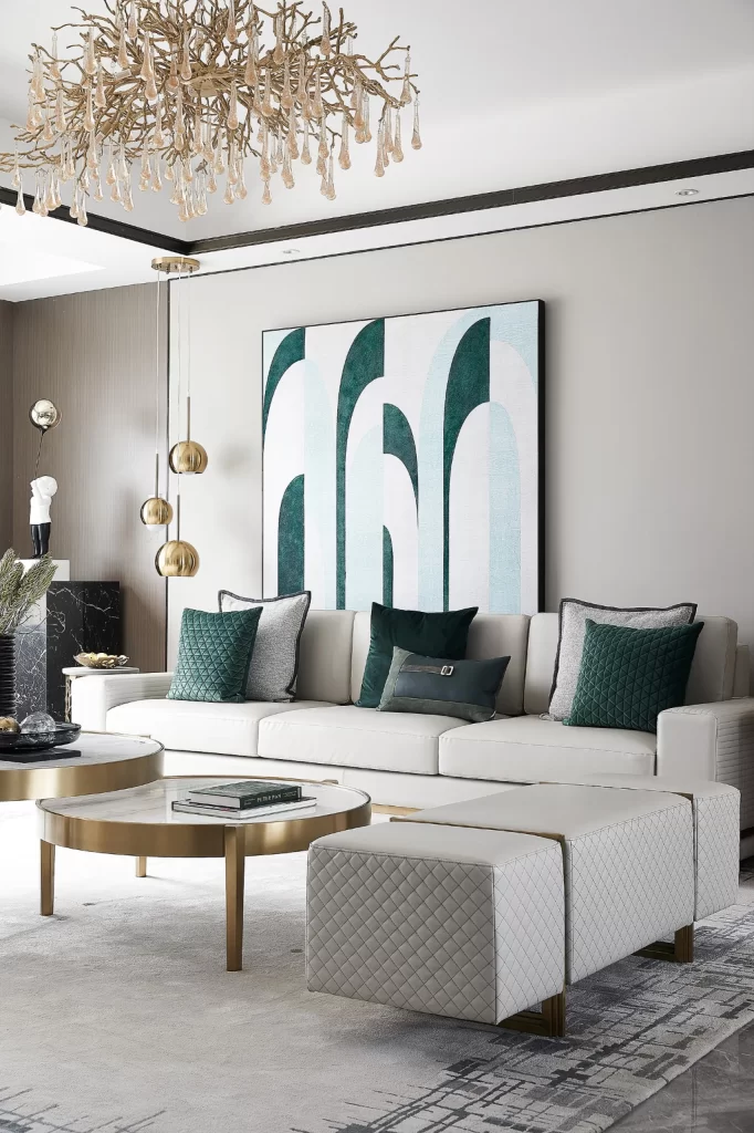 Luxury Contemporary Living Room White Gold Green Neutral