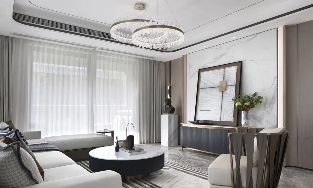 Luxury Contemporary Living Room White Neutral Marble Accents