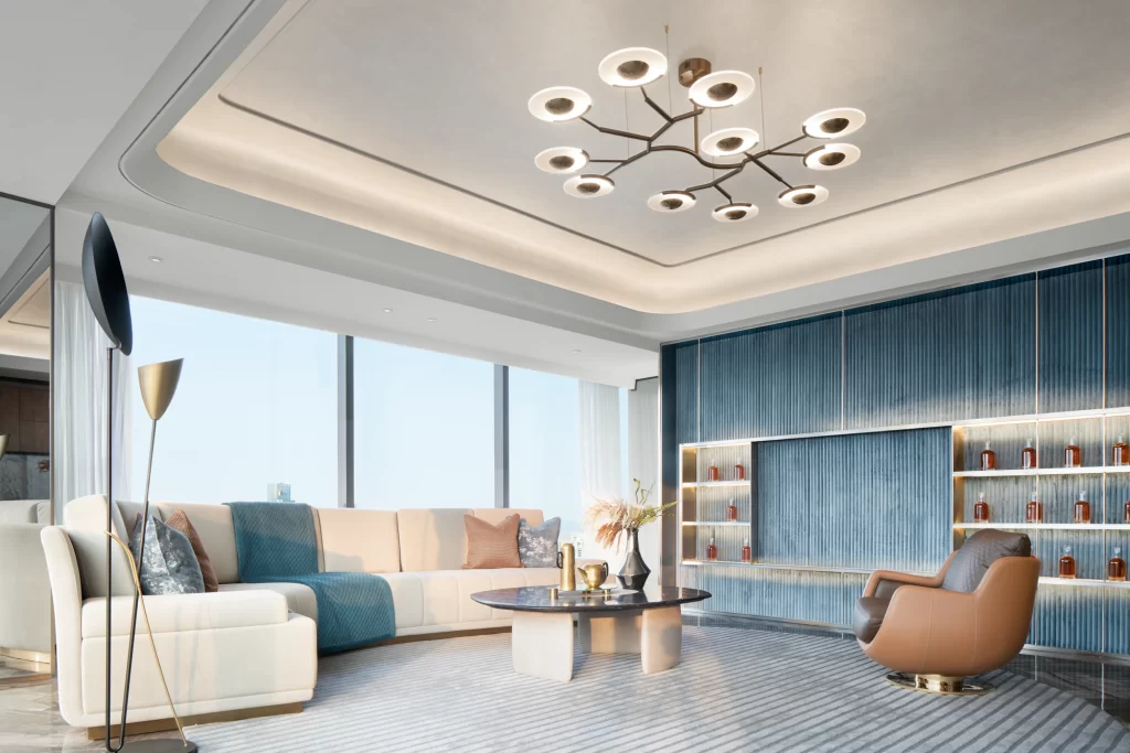 Luxury Contemporary Living Space Blue White Neutral Tones Modern Lighting