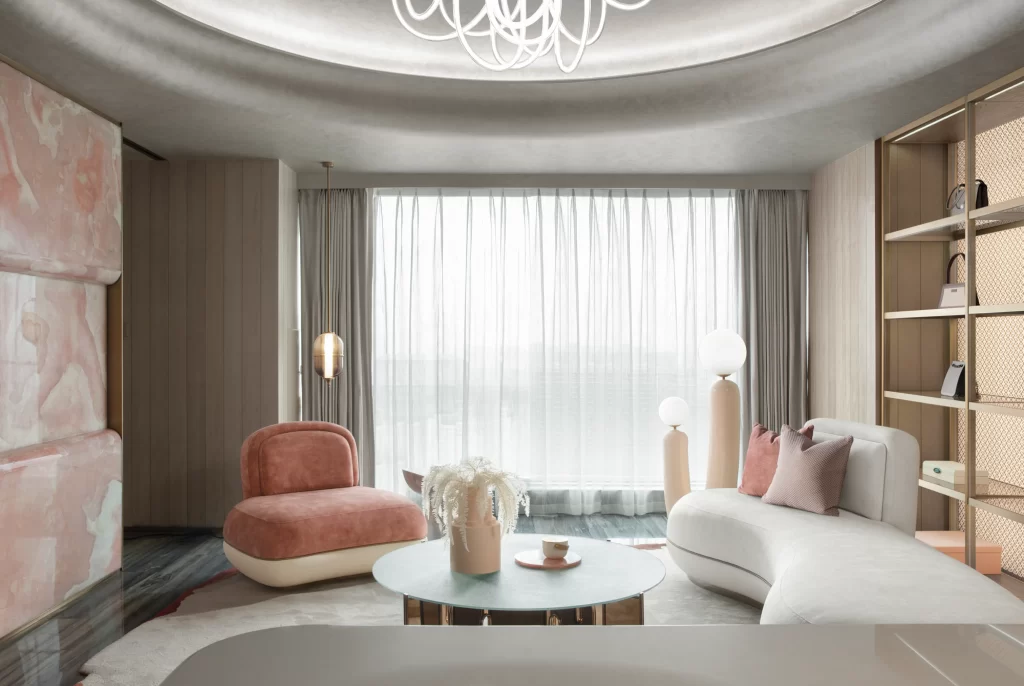 Luxury Contemporary Living Space Soft Pastel Tones Neutral Palette Modern Furniture