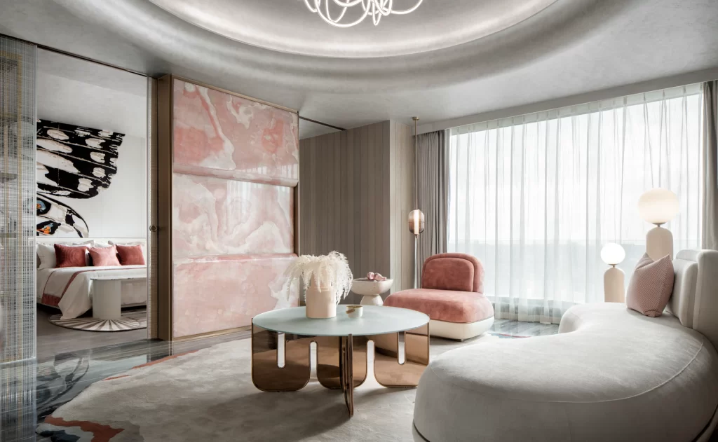 Luxury Hotel Suite Contemporary Soft Pink Neutral Tones Artistic Accents