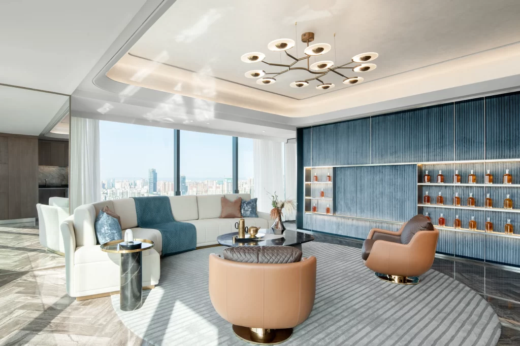 Luxury Living Room Blue White Gold Accents Modern