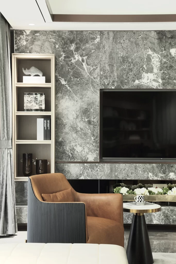 Luxury Living Room Dark Marble Brown Leather Modern