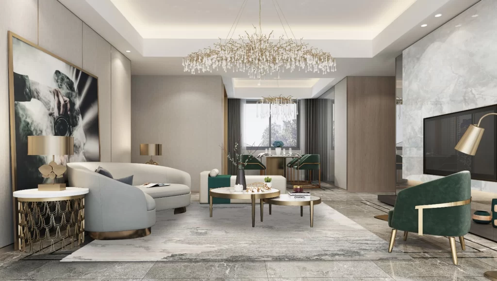 Luxury Living Room Gold Green Neutral Marble Modern