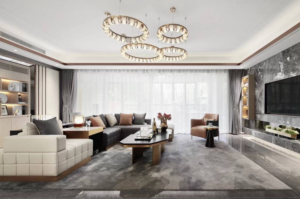 Luxury Living Room Neutral Tones Contemporary Elegance Large Windows Statement Lighting
