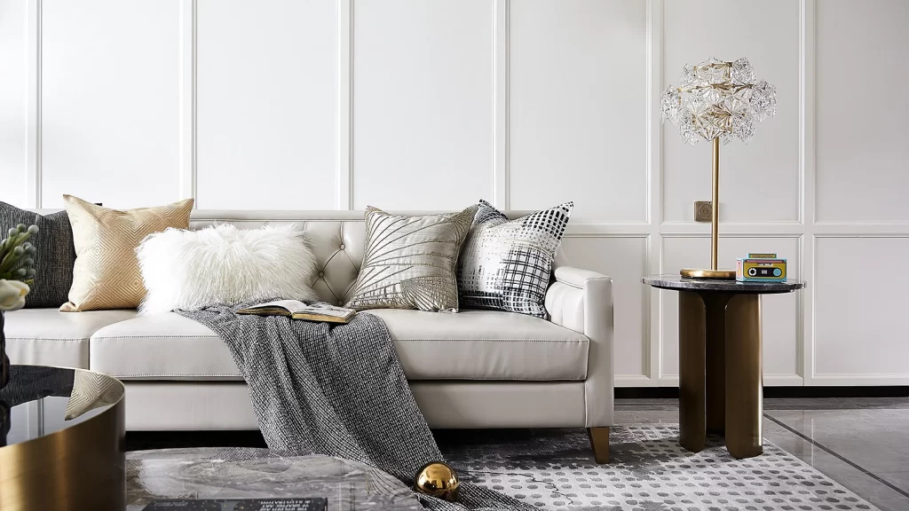 Luxury Living Room White Gold Accents Neutral Tones Elegant Decor