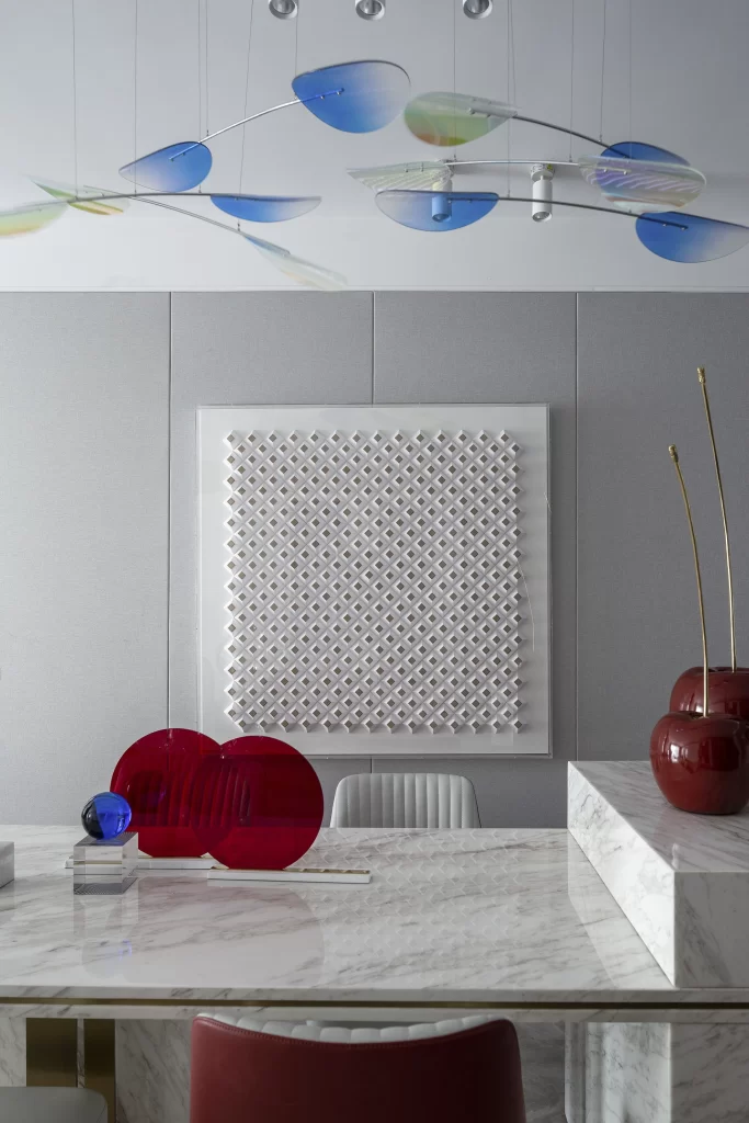 Luxury Modern Dining Room White Marble Red Accents Geometric Pattern