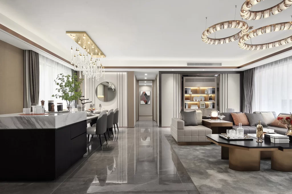 Luxury Modern Living Room Neutral Tones Marble Flooring Chandelier