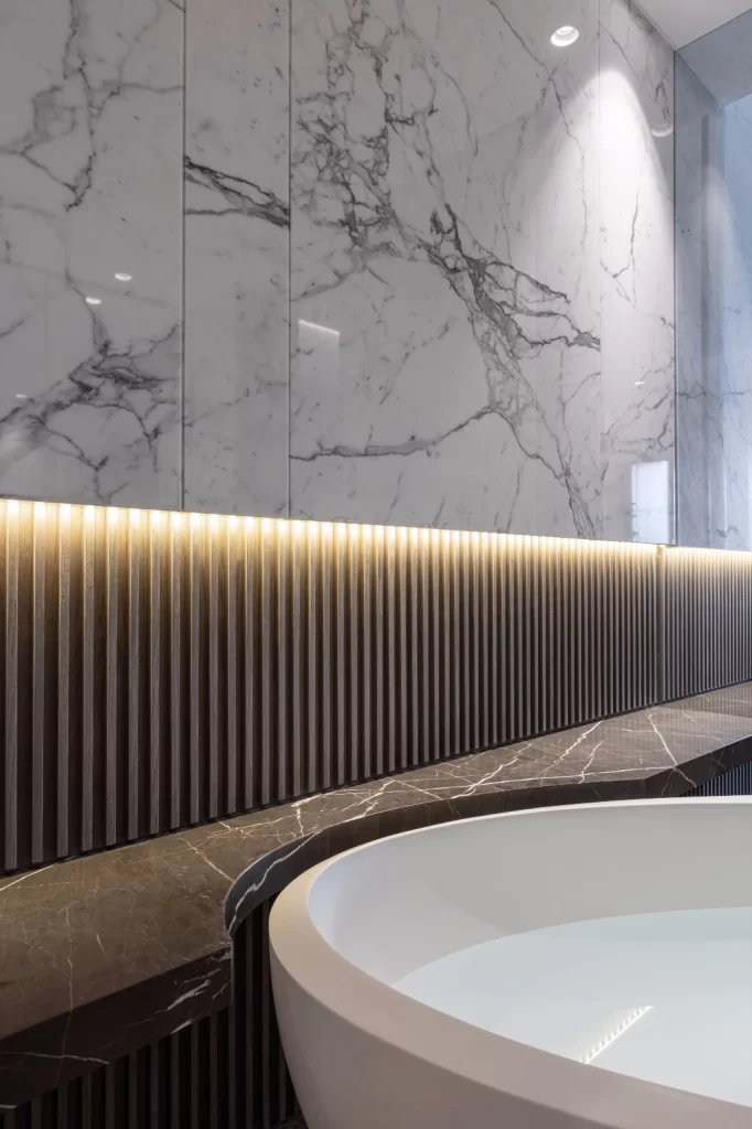 Luxury Spa Bathroom Marble Neutral Dark Wood